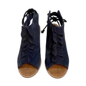 TOMS Elba Navy Suede Ruffle Heeled Peep Toe Bootie Sandal Size 6